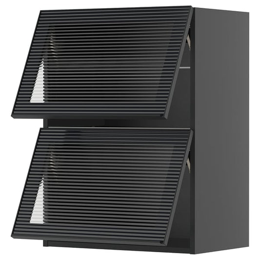 METOD - METOD Wall cab horizontal w 2 glass doors, black-grey/Hejsta anthracite reeded glass, 60x80 cm