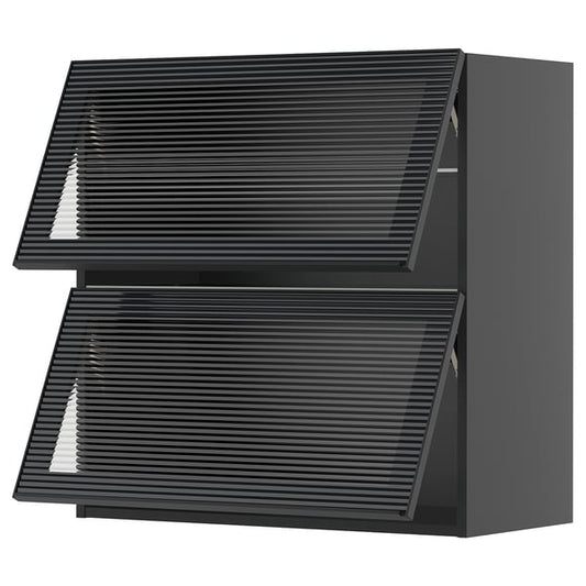 METOD - METOD Wall cab horizontal w 2 glass doors, black-grey/Hejsta anthracite reeded glass, 80x80 cm