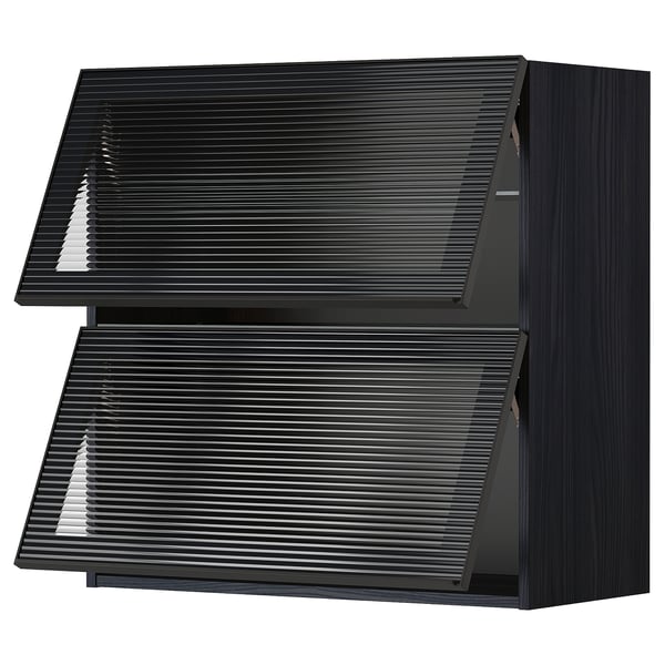 METOD wall cab horizontal w 2 glass doors, black/Hejsta anthracite reeded glass, 80x80 cm