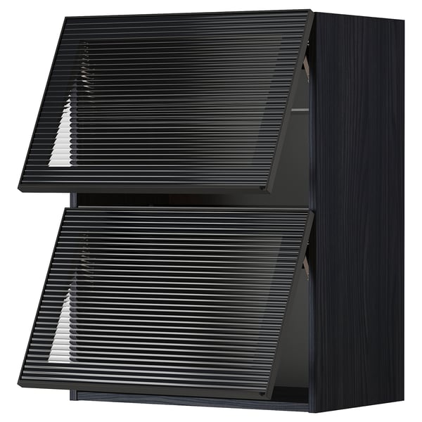 METOD - METOD Wall cab horizontal w 2 glass doors, black/Hejsta anthracite reeded glass, 60x80 cm