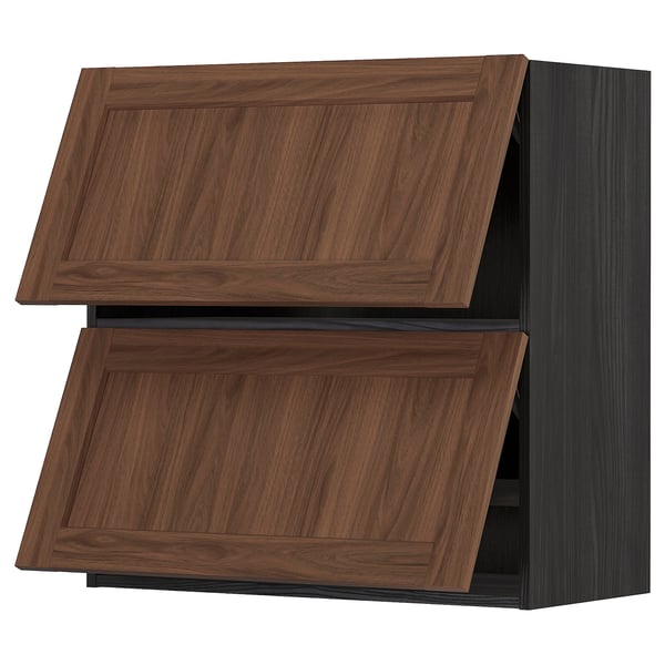 METOD wall cabinet horizontal w 2 doors, black Enköping/brown walnut effect, 80x80 cm