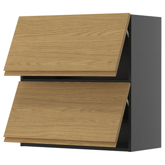 METOD - METOD Wall cabinet horizontal w 2 doors, black-grey/Voxtorp oak effect, 80x80 cm