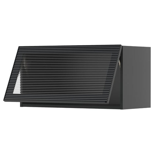 METOD - METOD Wall cab horizontal w glass door, black-grey/Hejsta anthracite reeded glass, 80x40 cm