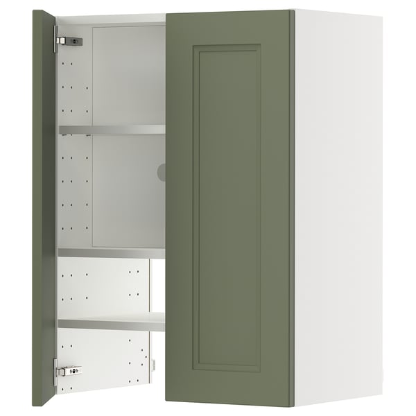 METOD wall cb f extr hood w shlf/door, white/Axstad grey-green, 60x80 cm