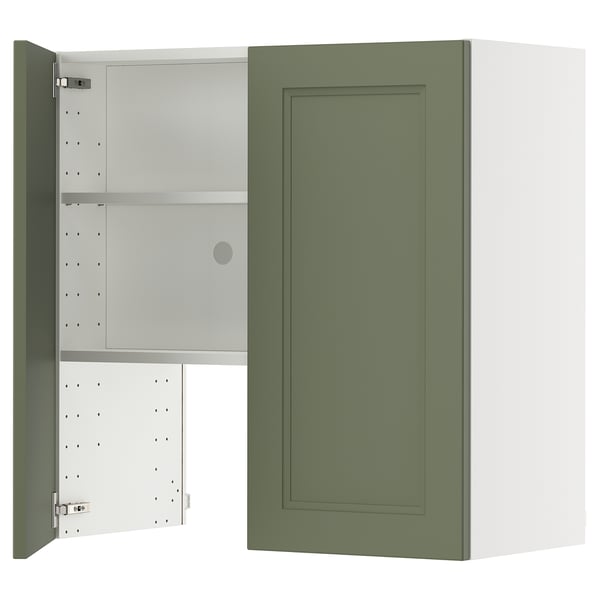 METOD wall cb f extr hood w shlf/door, white/Axstad grey-green, 80x80 cm
