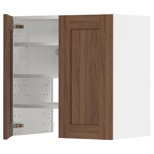 METOD - METOD Wall cb f extr hood w shlf/door, white Enköping/brown walnut effect, 60x60 cm