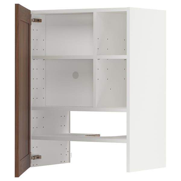 METOD wall cb f extr hood w shlf/door, white Enköping/brown walnut effect, 60x80 cm