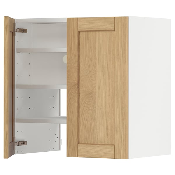 METOD wall cb f extr hood w shlf/door, white/Forsbacka oak, 60x60 cm