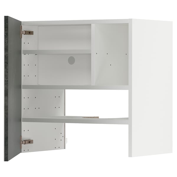 METOD wall cb f extr hood w shlf/door, white/Kalhyttan dark grey concrete effect, 60x60 cm