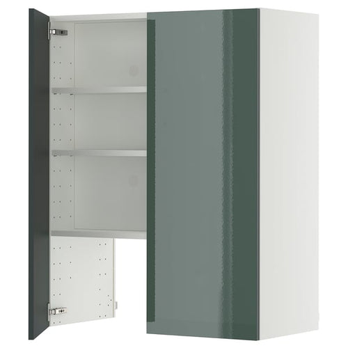 METOD wall cb f extr hood w shlf/door, white/Kallarp high-gloss dark grey-green, 80x100 cm