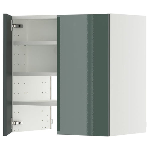 METOD wall cb f extr hood w shlf/door, white/Kallarp high-gloss dark grey-green, 60x60 cm