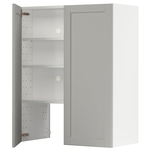 METOD wall cb f extr hood w shlf/door, white/Lerhyttan light grey, 80x100 cm
