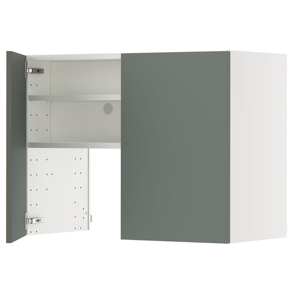 METOD wall cb f extr hood w shlf/door, white/Nickebo matt grey-green, 80x60 cm