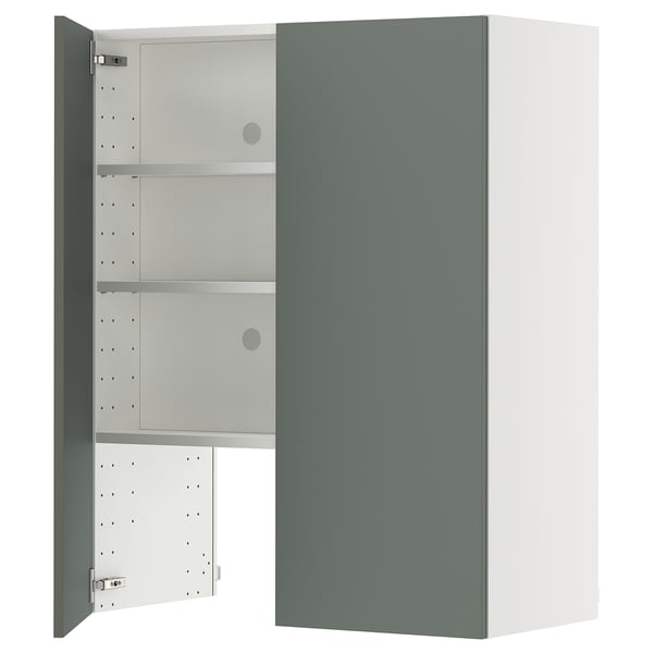 METOD wall cb f extr hood w shlf/door, white/Nickebo matt grey-green, 80x100 cm