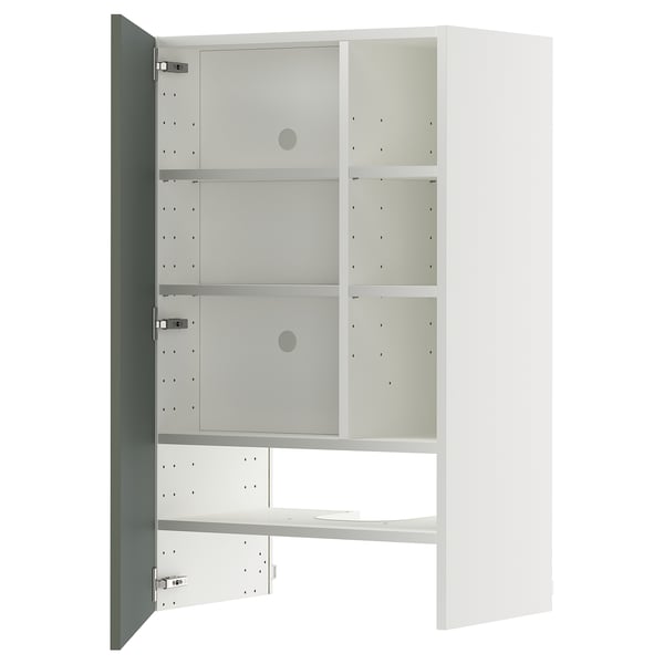 METOD wall cb f extr hood w shlf/door, white/Nickebo matt grey-green, 60x100 cm