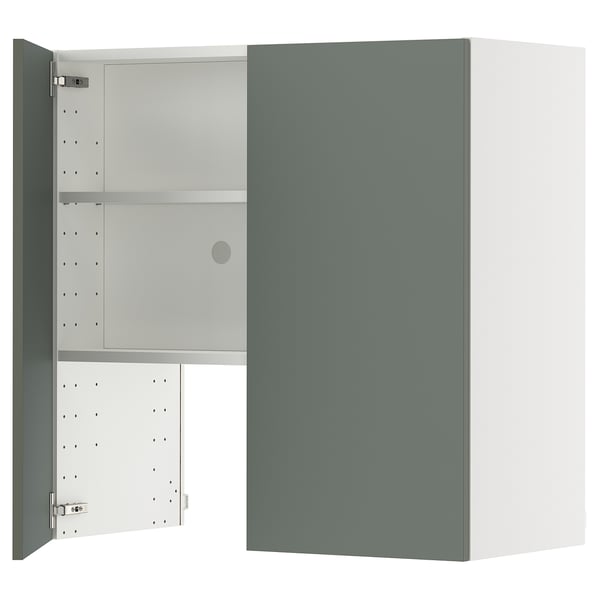METOD - METOD Wall cb f extr hood w shlf/door, white/Nickebo matt grey-green, 80x80 cm