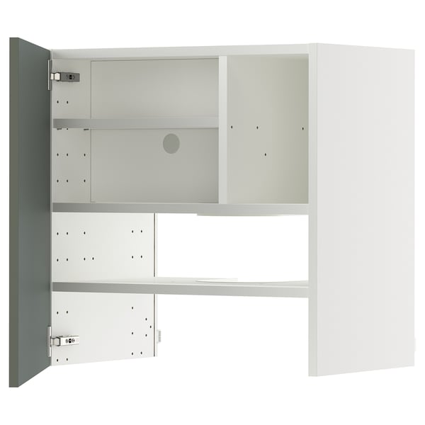 METOD - METOD Wall cb f extr hood w shlf/door, white/Nickebo matt grey-green, 60x60 cm