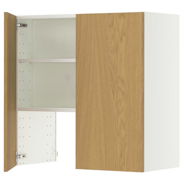 METOD wall cb f extr hood w shlf/door, white/Sinarp oak veneer, 80x80 cm