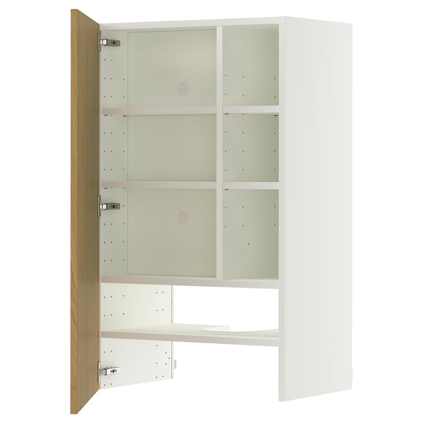 METOD hood wall unit with shelf/top, white/Sinarp oak veneer, 60x100 cm