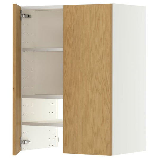 METOD wall cb f extr hood w shlf/door, white/Sinarp oak veneer, 60x80 cm
