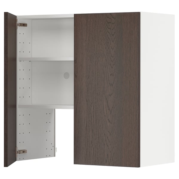 METOD wall cb f extr hood w shlf/door, white/Sinarp brown, 80x80 cm