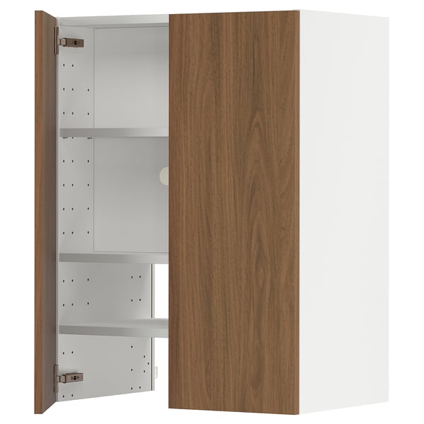 METOD wall cb f extr hood w shlf/door, white/Tistorp brown walnut effect, 60x80 cm
