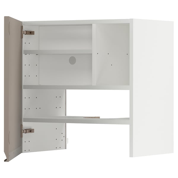 METOD wall cb f extr hood w shlf/door, white/Upplöv matt dark beige, 60x60 cm