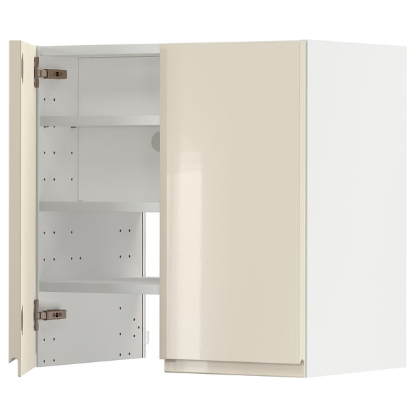 METOD wall cb f extr hood w shlf/door, white/Voxtorp high-gloss light beige