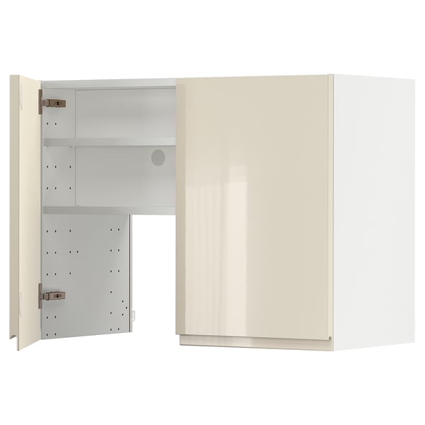 METOD wall cb f extr hood w shlf/door, white/Voxtorp high-gloss light beige, 80x60 cm