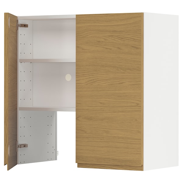 METOD - Wall cb f extr hood w shlf/door, white/Voxtorp oak effect, 80x80 cm