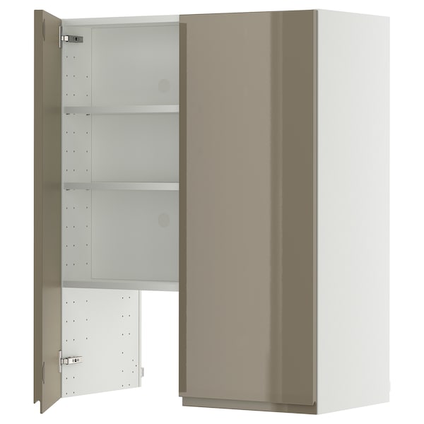 METOD wall cb f extr hood w shlf/door, white/Voxtorp high-gloss dark grey-brown, 80x100 cm
