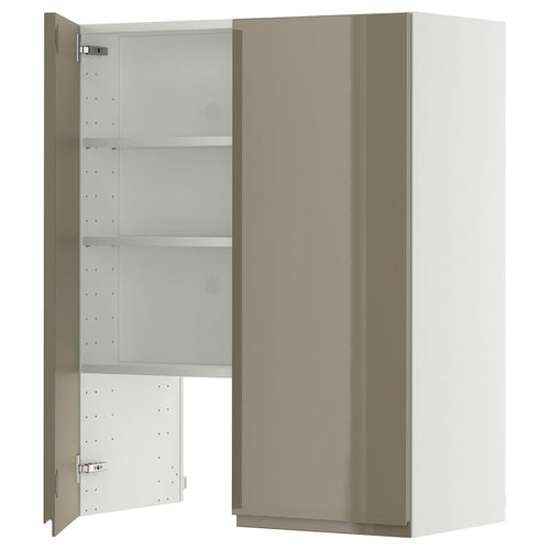 METOD wall cb f extr hood w shlf/door, white/Voxtorp high-gloss dark grey-brown, 80x100 cm