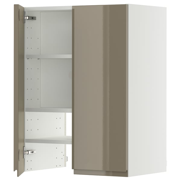 METOD wall cb f extr hood w shlf/door, white/Voxtorp high-gloss dark grey-brown, 60x80 cm