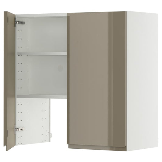 METOD - METOD Wall cb f extr hood w shlf/door, white/Voxtorp high-gloss dark grey-brown, 80x80 cm