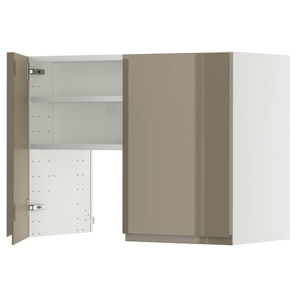 METOD wall cb f extr hood w shlf/door, white/Voxtorp high-gloss dark grey-brown, 80x60 cm