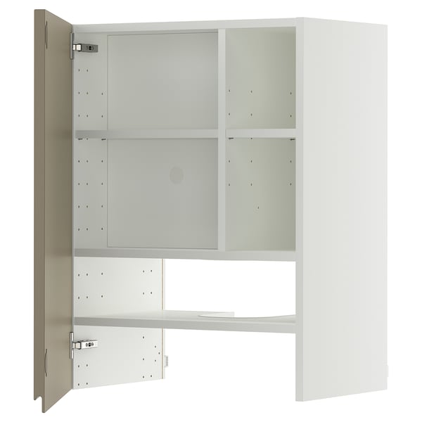 METOD wall cb f extr hood w shlf/door, white/Voxtorp high-gloss dark grey-brown, 60x80 cm