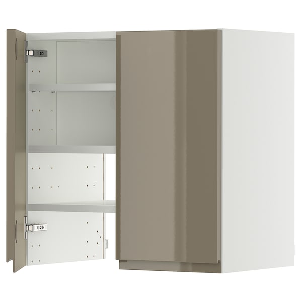 METOD wall cb f extr hood w shlf/door, white/Voxtorp high-gloss dark grey-brown, 60x60 cm
