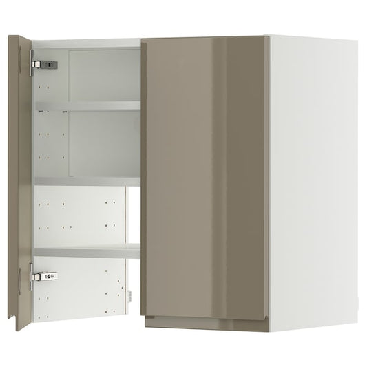 METOD - Wall cb f extr hood w shlf/door, white/Voxtorp high-gloss dark grey-brown, 60x60 cm