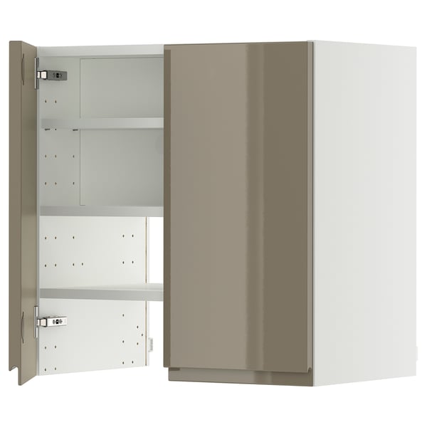 METOD wall cb f extr hood w shlf/door, white/Voxtorp high-gloss dark grey-brown, 60x60 cm