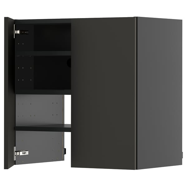 METOD wall cb f extr hood w shlf/door, black-grey/Nickebo matt anthracite, 60x60 cm