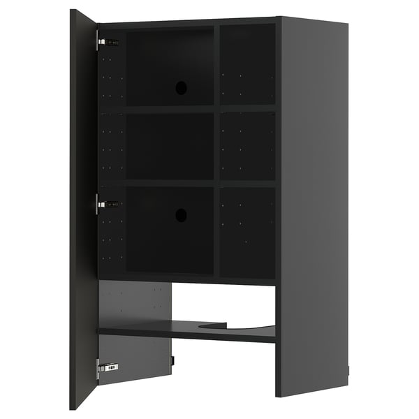 METOD wall cb f extr hood w shlf/door, black-grey/Nickebo matt anthracite, 60x100 cm