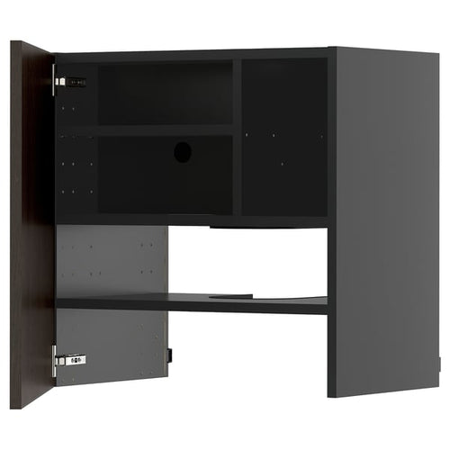 METOD wall cb f extr hood w shlf/door, black-grey/Sinarp brown, 60x60 cm