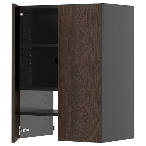 METOD wall cb f extr hood w shlf/door, black-grey/Sinarp brown, 60x80 cm
