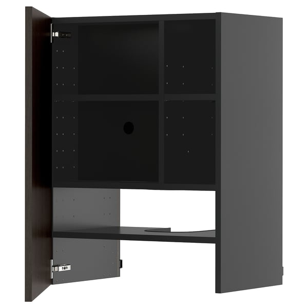 METOD wall cb f extr hood w shlf/door, black-grey/Sinarp brown, 60x80 cm