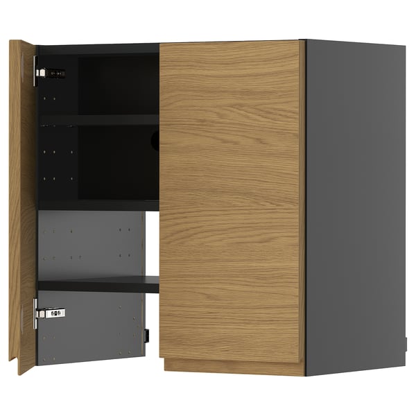 METOD - METOD Wall cb f extr hood w shlf/door, black-grey/Voxtorp oak effect, 60x60 cm