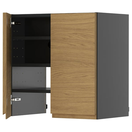 METOD wall cb f extr hood w shlf/door, black-grey/Voxtorp oak effect, 60x60 cm