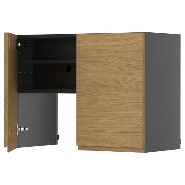 METOD wall cb f extr hood w shlf/door, black-grey/Voxtorp oak effect, 80x60 cm