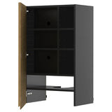 METOD wall cb f extr hood w shlf/door, black-grey/Voxtorp oak effect, 60x100 cm