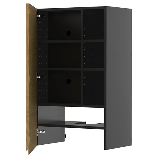 METOD - METOD Wall cb f extr hood w shlf/door, black-grey/Voxtorp oak effect, 60x100 cm