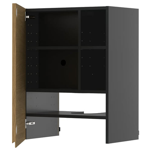 METOD wall cb f extr hood w shlf/door, black-grey/Voxtorp oak effect, 60x80 cm